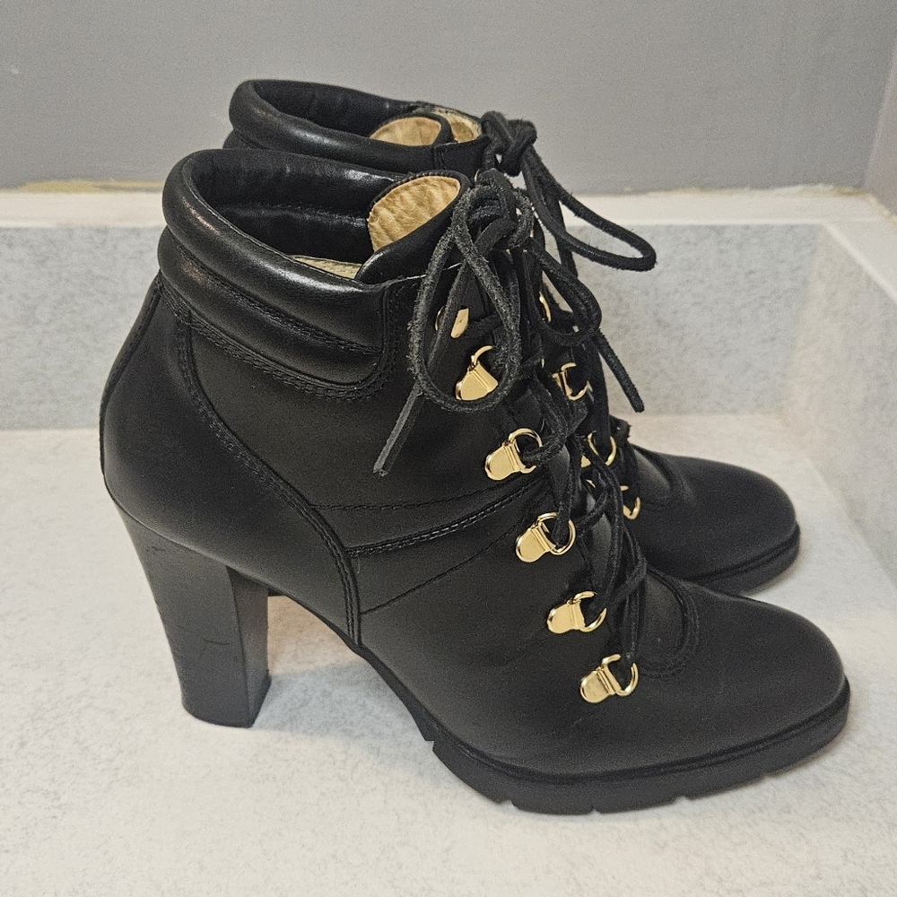 Michael Kors Black Lace-Up Boots with Gold Accents